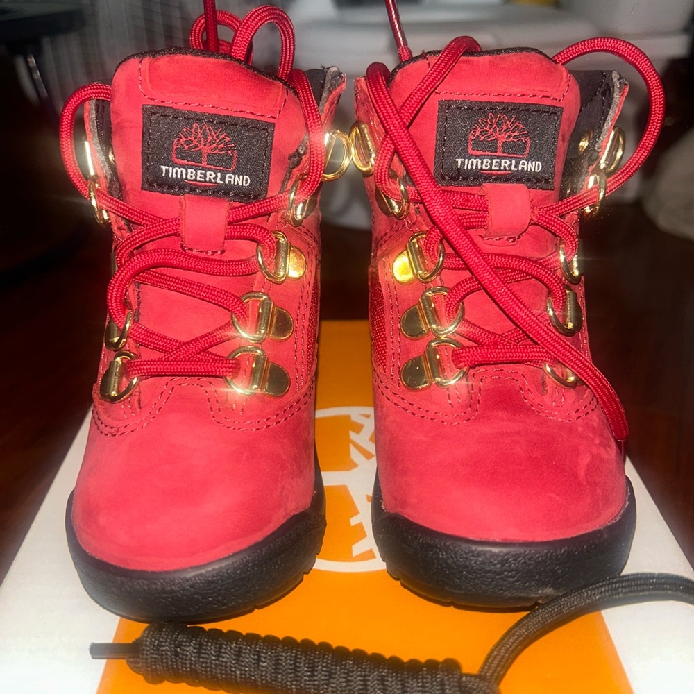 Timberland Kids Red Lace-Up Hiking Boots with Gold Hardware